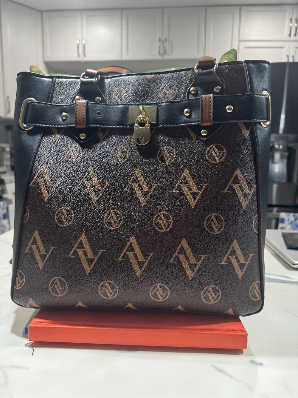 Adrienne Vittadini Brown and Black Monogram Tote with Gold Hardware